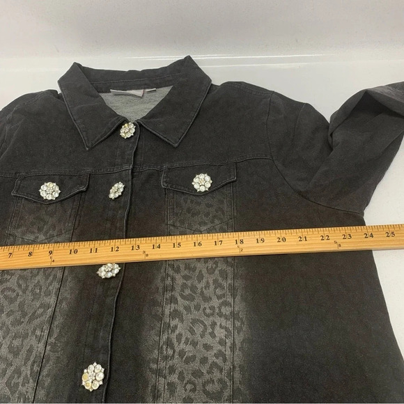Quacker Factory Jacket XL Black Leopard Animal Print Sparkle Buttons Stretch - Picture 15 of 15